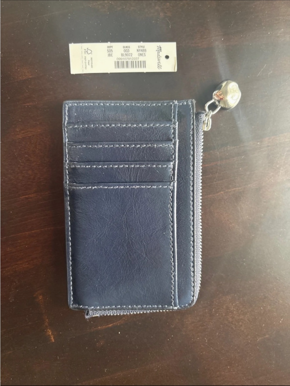 Madewell Navy Leather Zip Card Wallet with Charm Pull